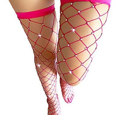 Fishnet Thigh High Stockings Black Sparkle Rhinestone Stay-Up Tights Sexy Sheer